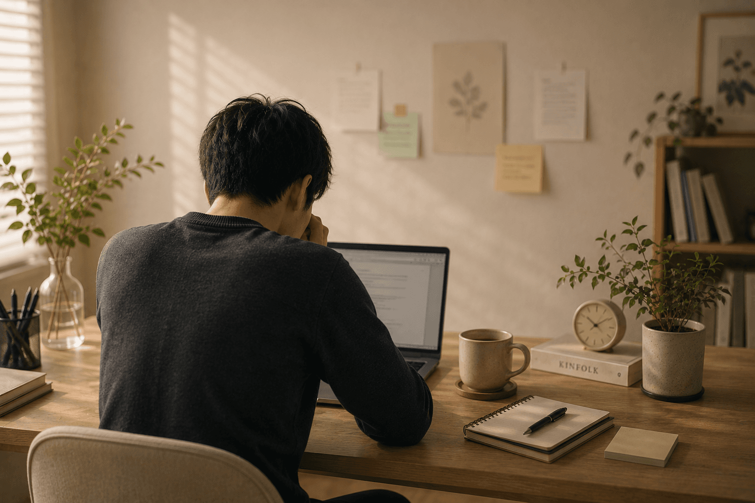 パソコンの前で作業を中断する人の後ろ姿